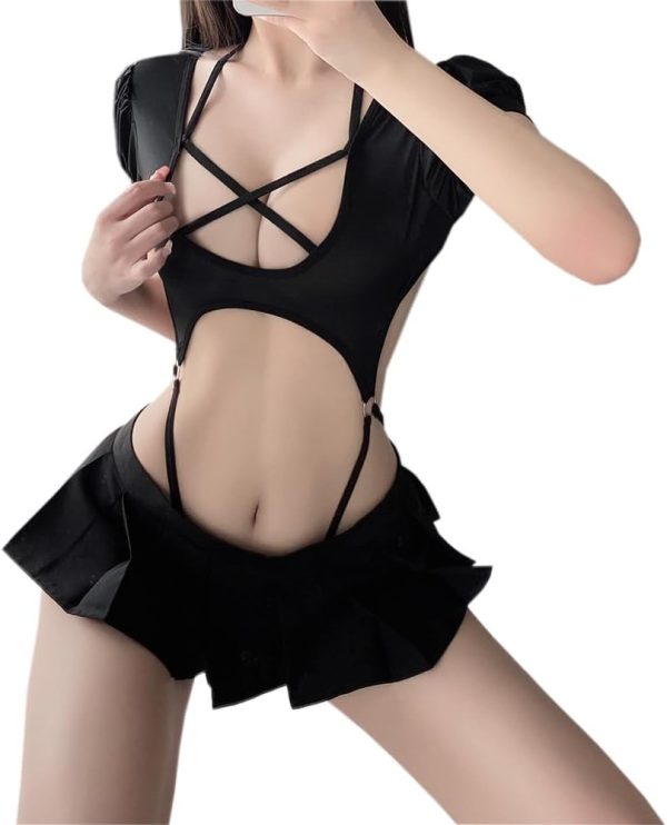 sexy Swimsuit outfit for women lingerie sailor costume Japanese Anime Cute  Schoolgirl Roleplay Cutout Kawaii Bodysuit Navy JK Uniform Dress top Ruff edge Mini Skirt Thong Set black