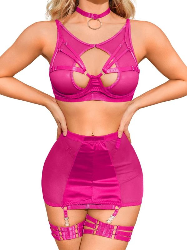 Garter Lingerie for Women, Strappy High Waisted Skirt G String 4 Piece Sexy Exotic Lingerie Outfits Set Boudoir