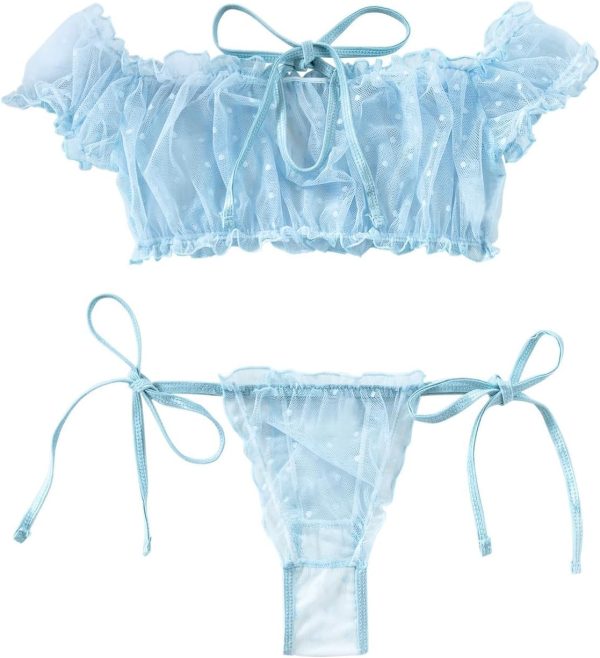 Sexy Stretch Ruffle Tie Sheer Mesh Lingerie Set Outfits