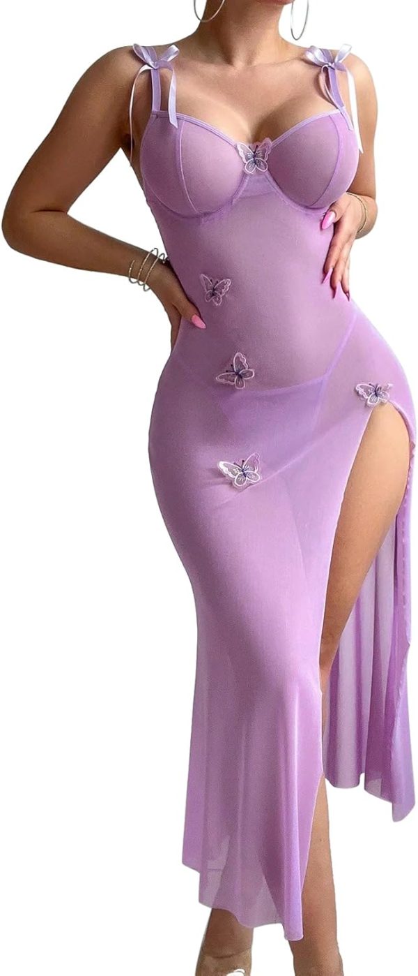 Sexy Butterfly Split Leg  Sheer Mesh Maxi Lingerie Dress with Thong 2 Piece Set