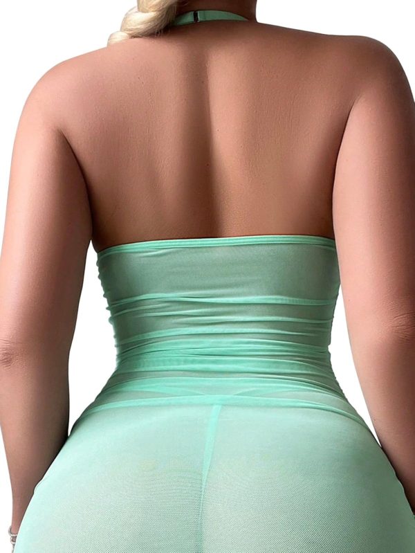 Sexy Chain Sheer Mesh Ruched Bodycon Mini Lingerie Dress with Thong 2 Piece Set Outfits - Image 2