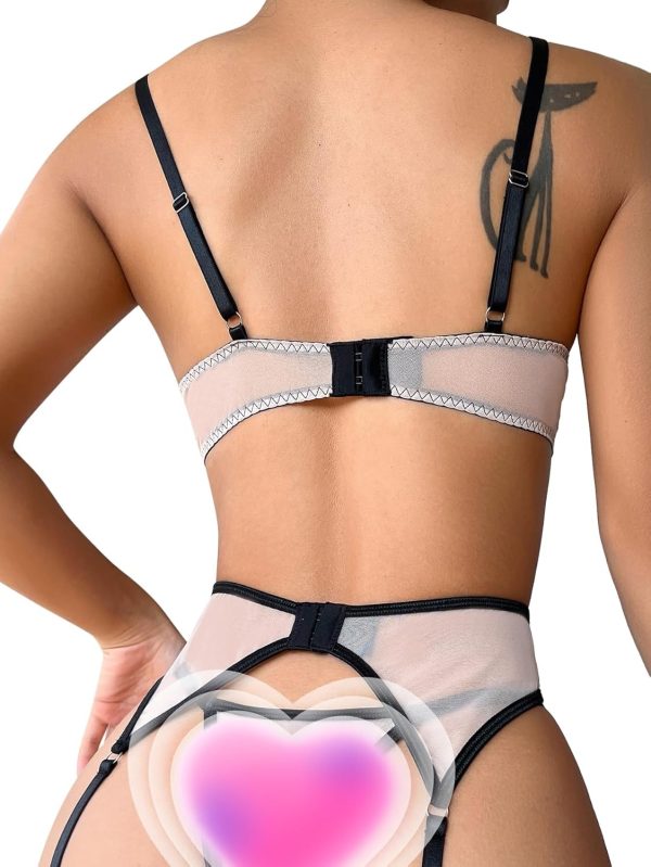 Sexy Floral Embroidery Mesh Sheer  Push Up Garter Belt Lingerie Set 3 Piece - Image 2