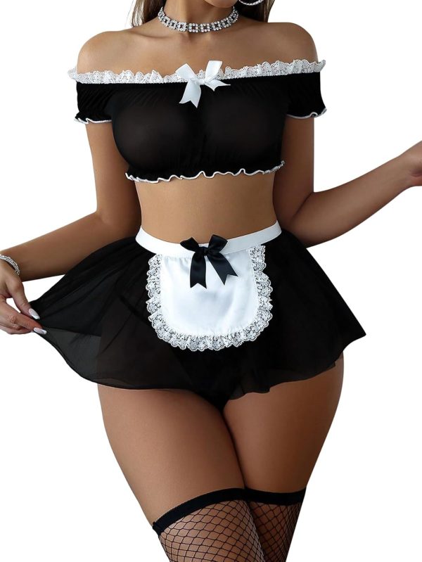 Sexy Stockings Mini Skirt Mesh Sheer Lace Costume Outfit Lingerie with Thong Set 4 Piece - Image 2