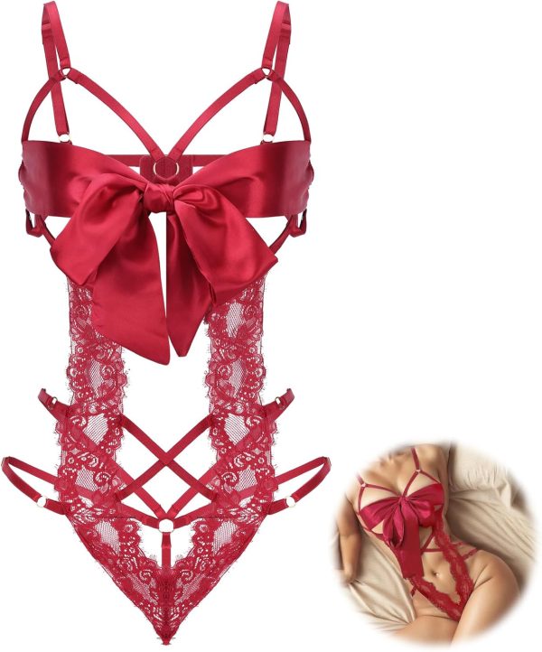 Women Sexy Lingerie Set  Bow Tie Lingerie Lace Smooth Ribbon Lingerie for Ladies Valentines Outfit