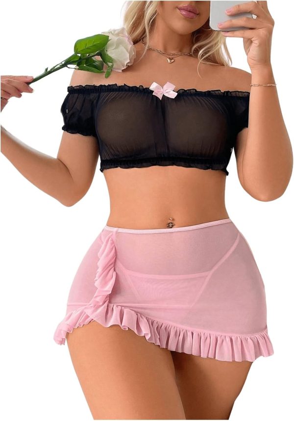 Sexy Lingerie Set for Women Sheer Mesh Off Shoulder Bra Panty Ruffle Skirts 3 Piece Sets