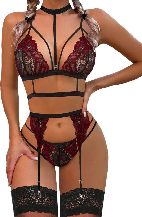 Lace Garter Lingerie Set with Removable Choker Teddy Babydoll Stry Bra and Panty Set (No Stockings)