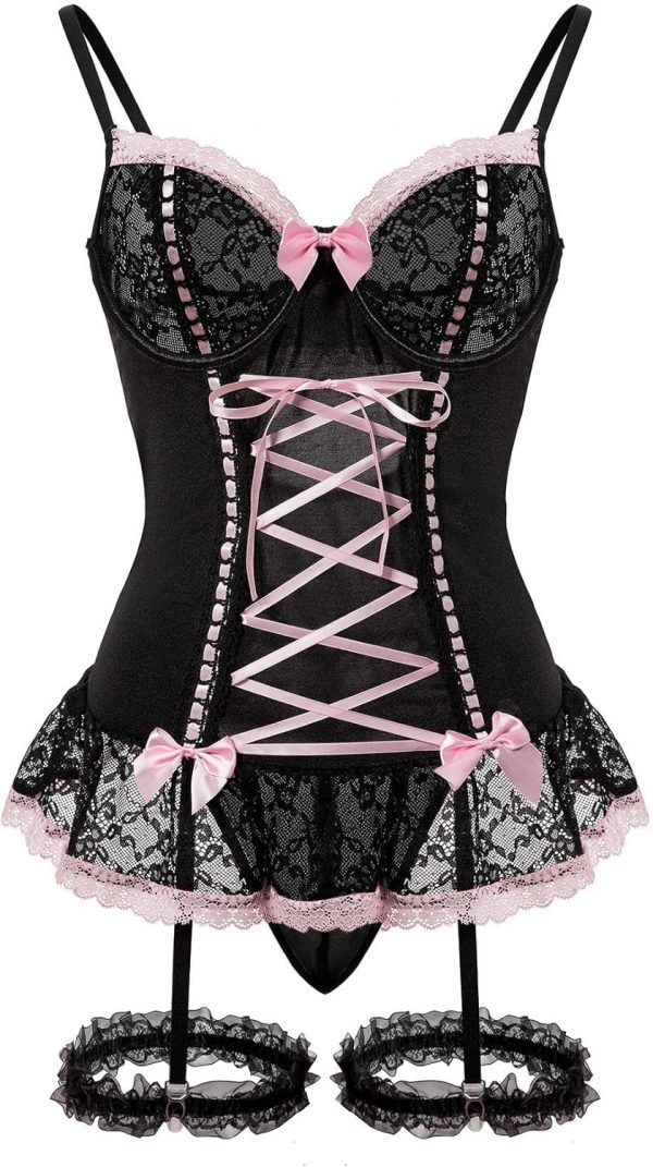 Sexy Rave Mesh Corset Ruffle Lace Up  Sheer Garter Belt Babydoll Lingerie Set With Thong 3 Piece Women