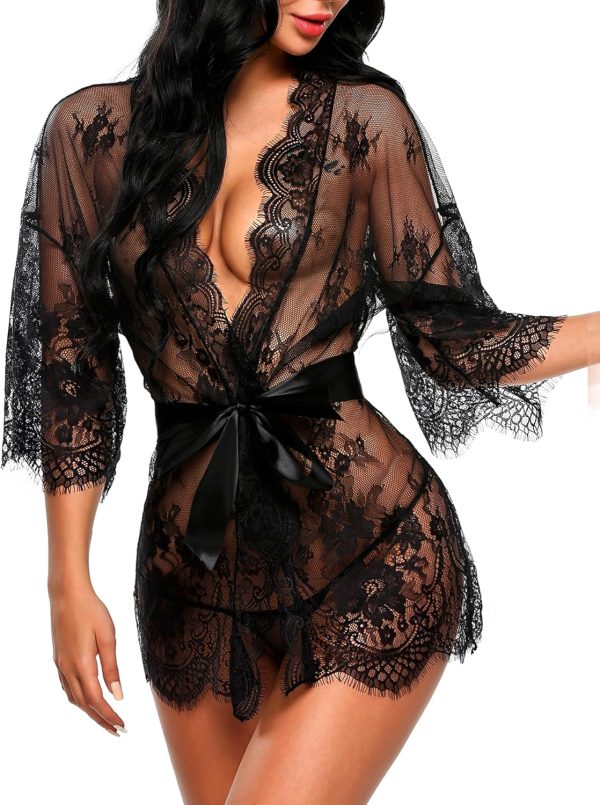 Women's Lace Kimono Robe Babydoll Lingerie Mesh Nightgown S-5XL