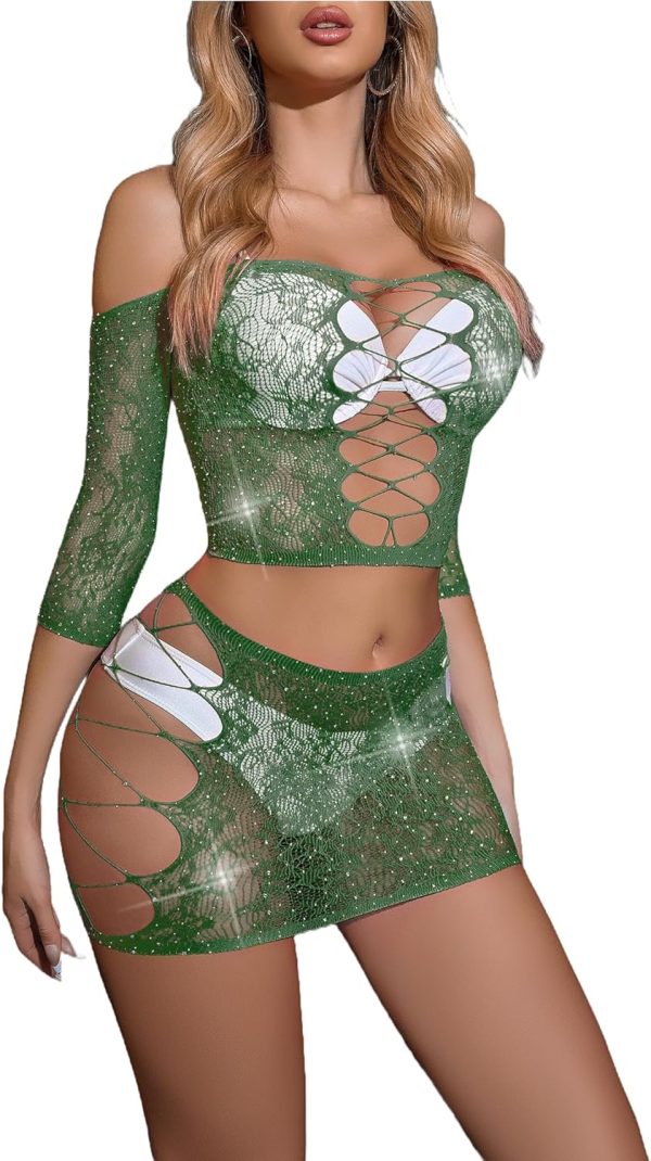 Womens Lingerie Set Fishnet Babydoll Sexy Mesh Chemise Rhinestone Fishnet Lingerie