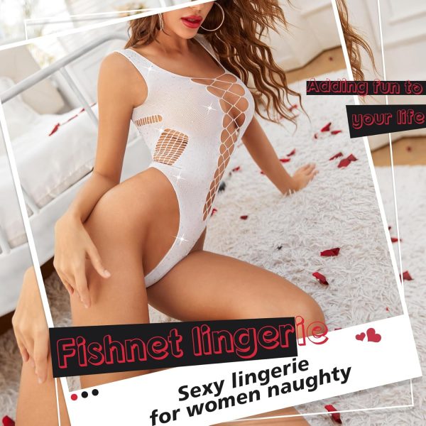 Sexy Lingerie For Women Naughty Sparkle Rhinestone Fishnet Lingerie Set Teddy Erotic Mesh Rave Outfit - Image 2