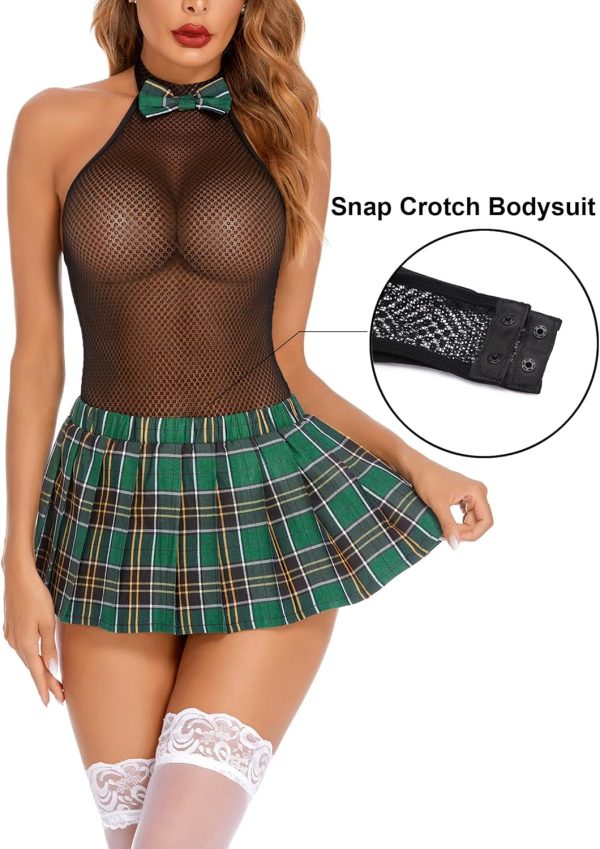 Women Schoolgirl Lingerie Sexy Roleplay Lingerie Set Student Snap Crotch Bodysuit and Mini Skirt - Image 2